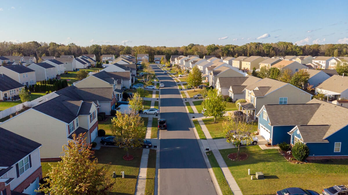 Aerial view of a suburban neighborhood in one of the towns near Charlotte, NC