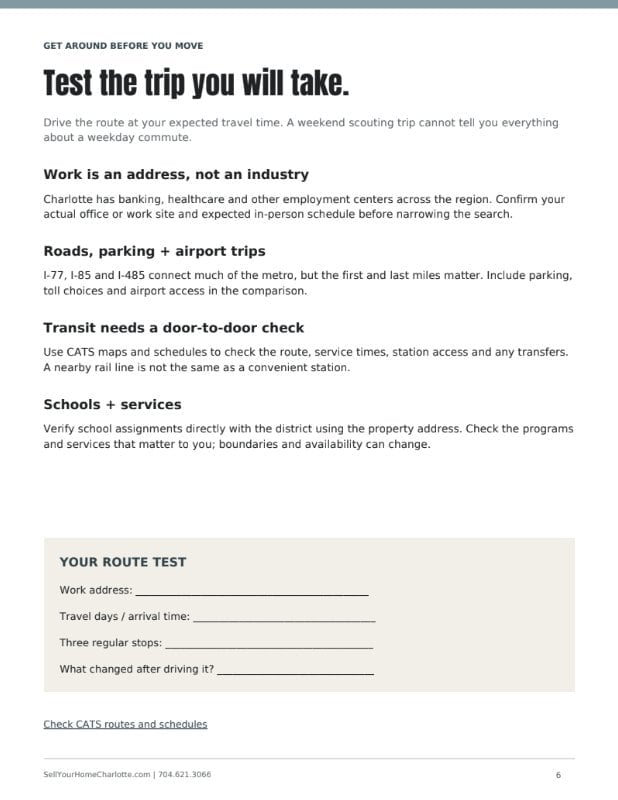 Charlotte Relocation Guide page: Test the trip you will take