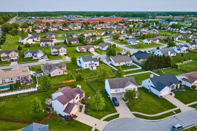 Aerial view of a suburban neighborhood of single-family homes
